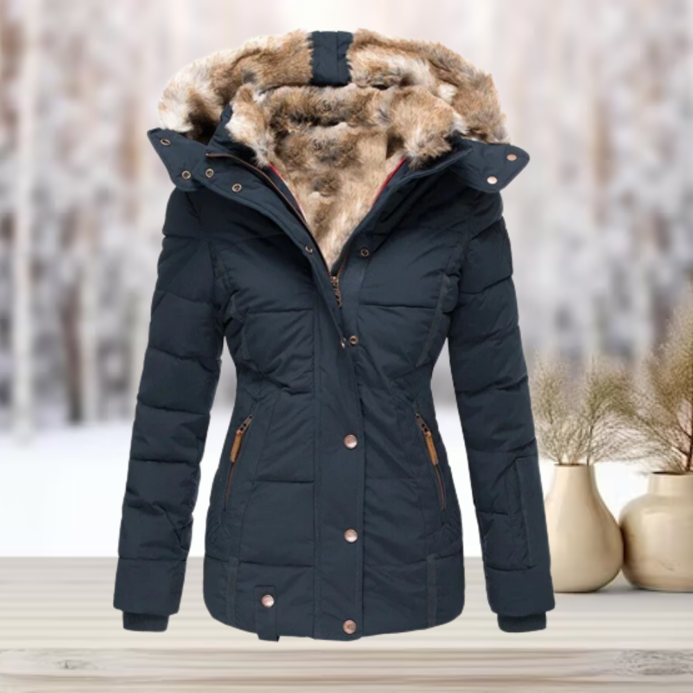Women's zip-up winter jacket with detachable faux fur hood in navy blue