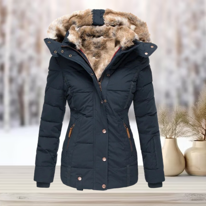Women's zip-up winter jacket with detachable faux fur hood in navy blue