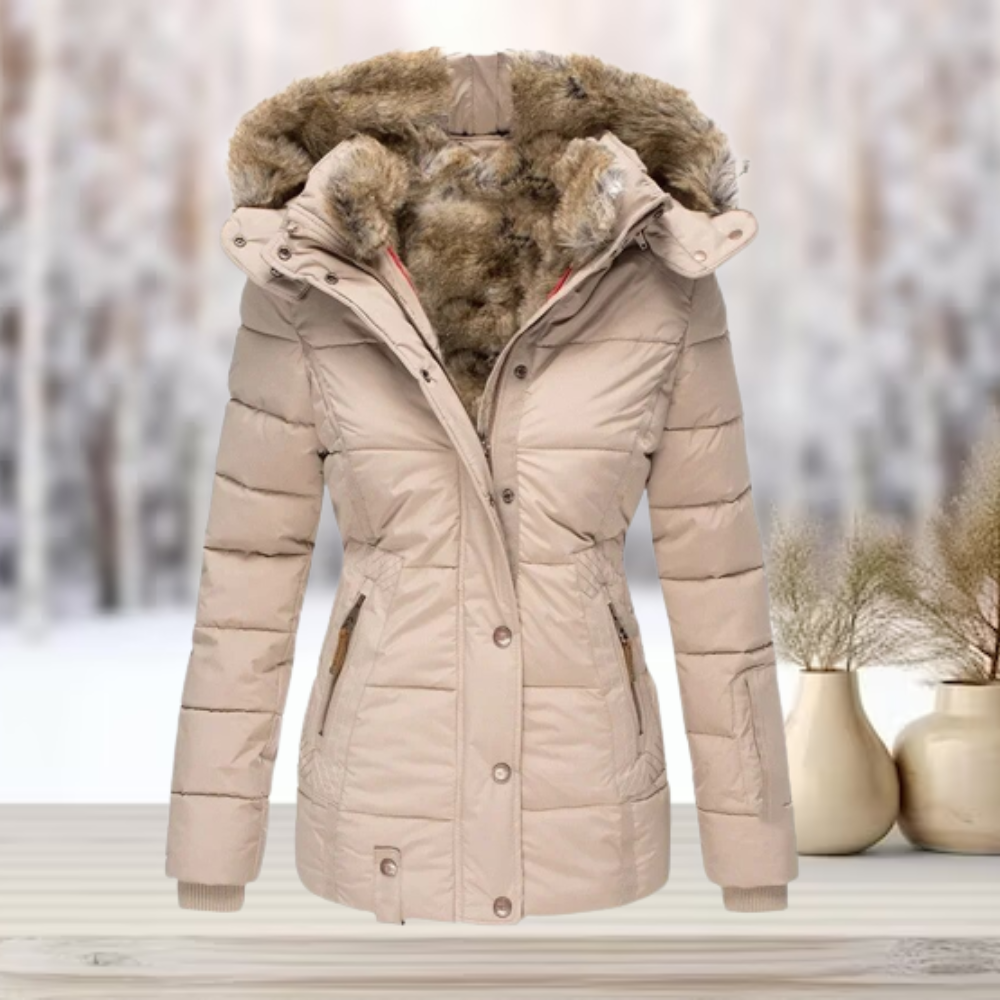 Women's zip-up winter jacket with detachable faux fur hood in apricot