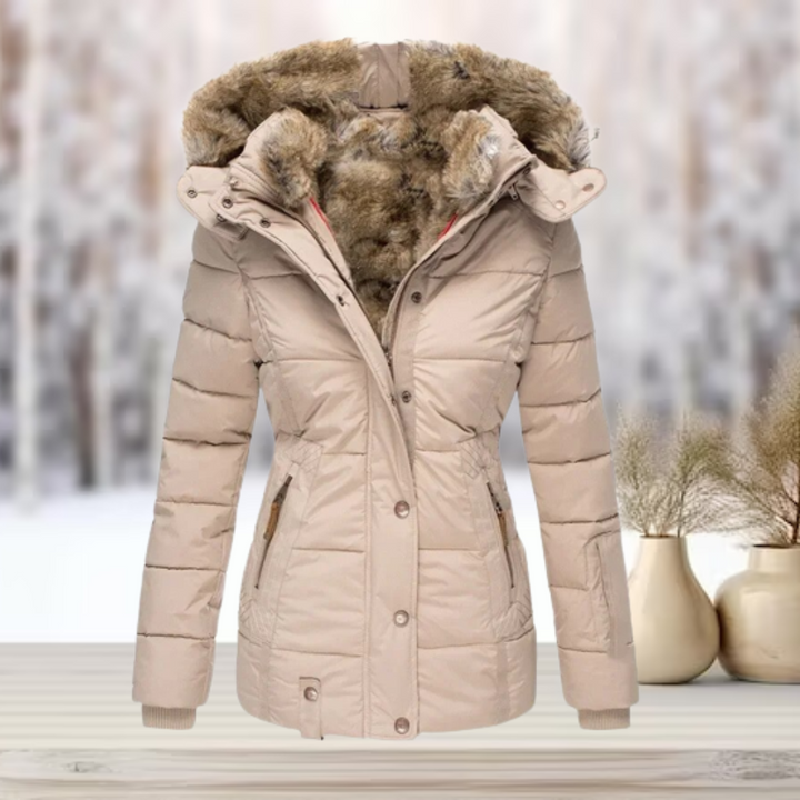 Women's zip-up winter jacket with detachable faux fur hood in apricot