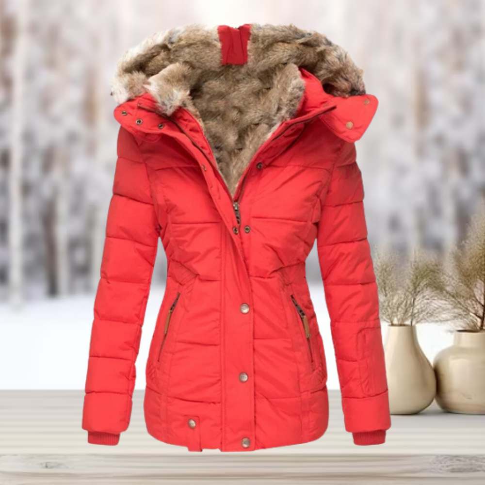 Women's zip-up winter jacket with detachable faux fur hood in red