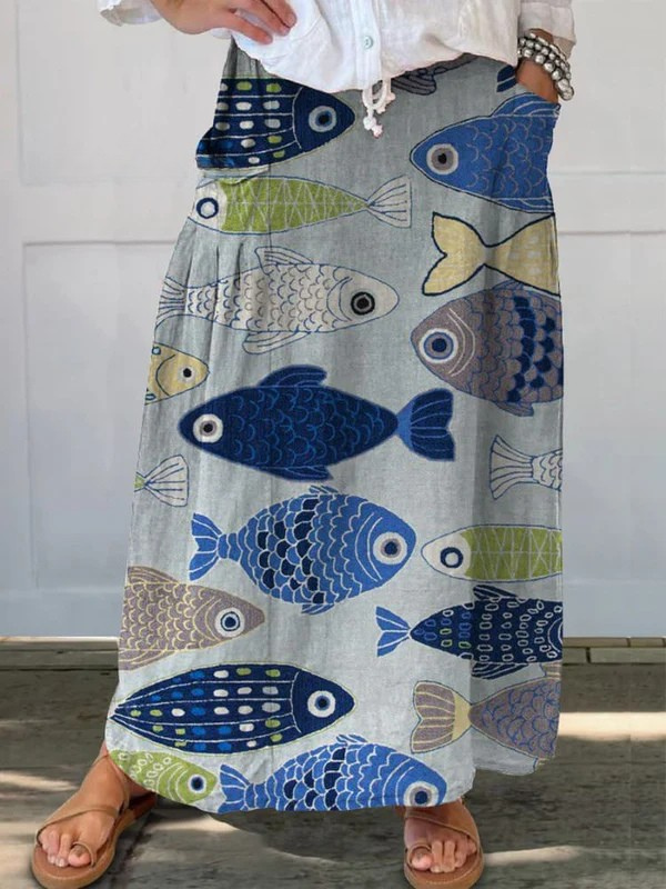 Trisia vintage fish art print pocket skirt in blue