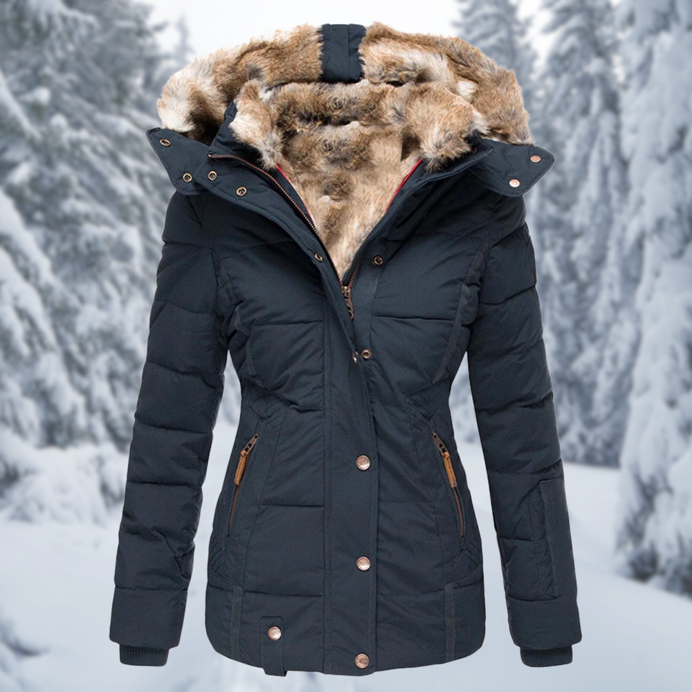 Blue padded winter jacket with faux fur lined hood