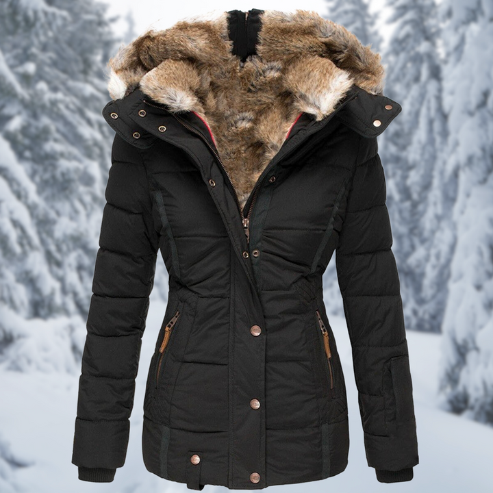 Black padded winter jacket with faux fur lined hood