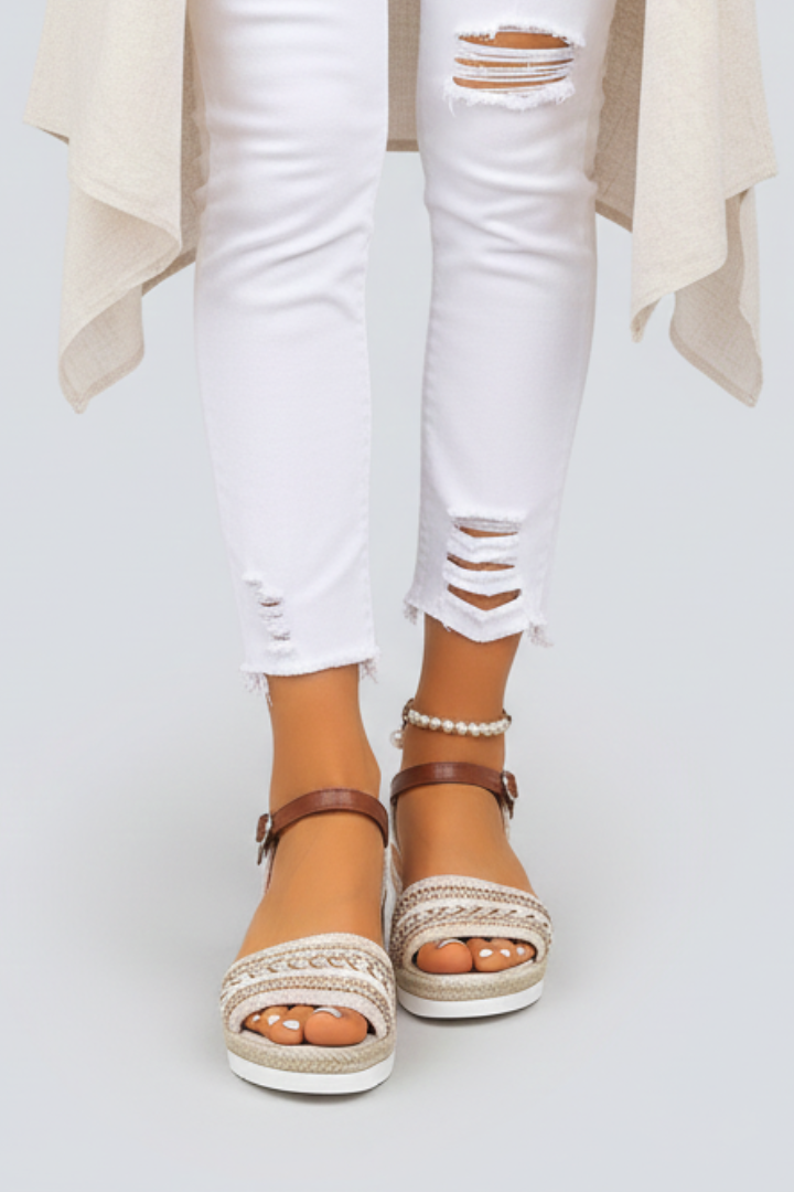 Brown strappy wedge evening sandals for women