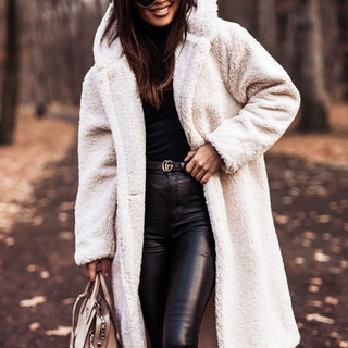 Women's longline hooded teddy coat in white