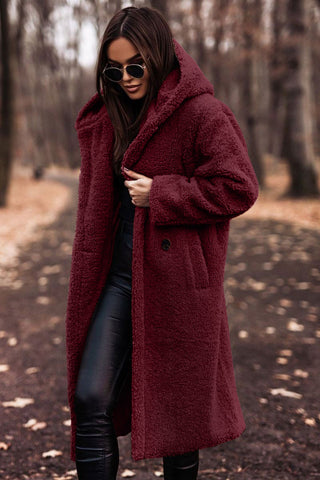Women's longline hooded teddy coat in red