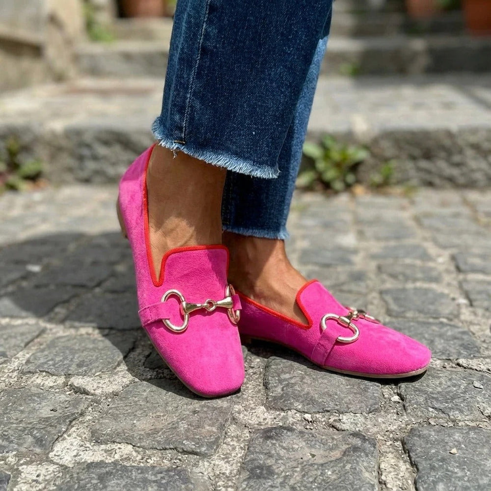 Women's fuchsia suede metal bar loafer, side view