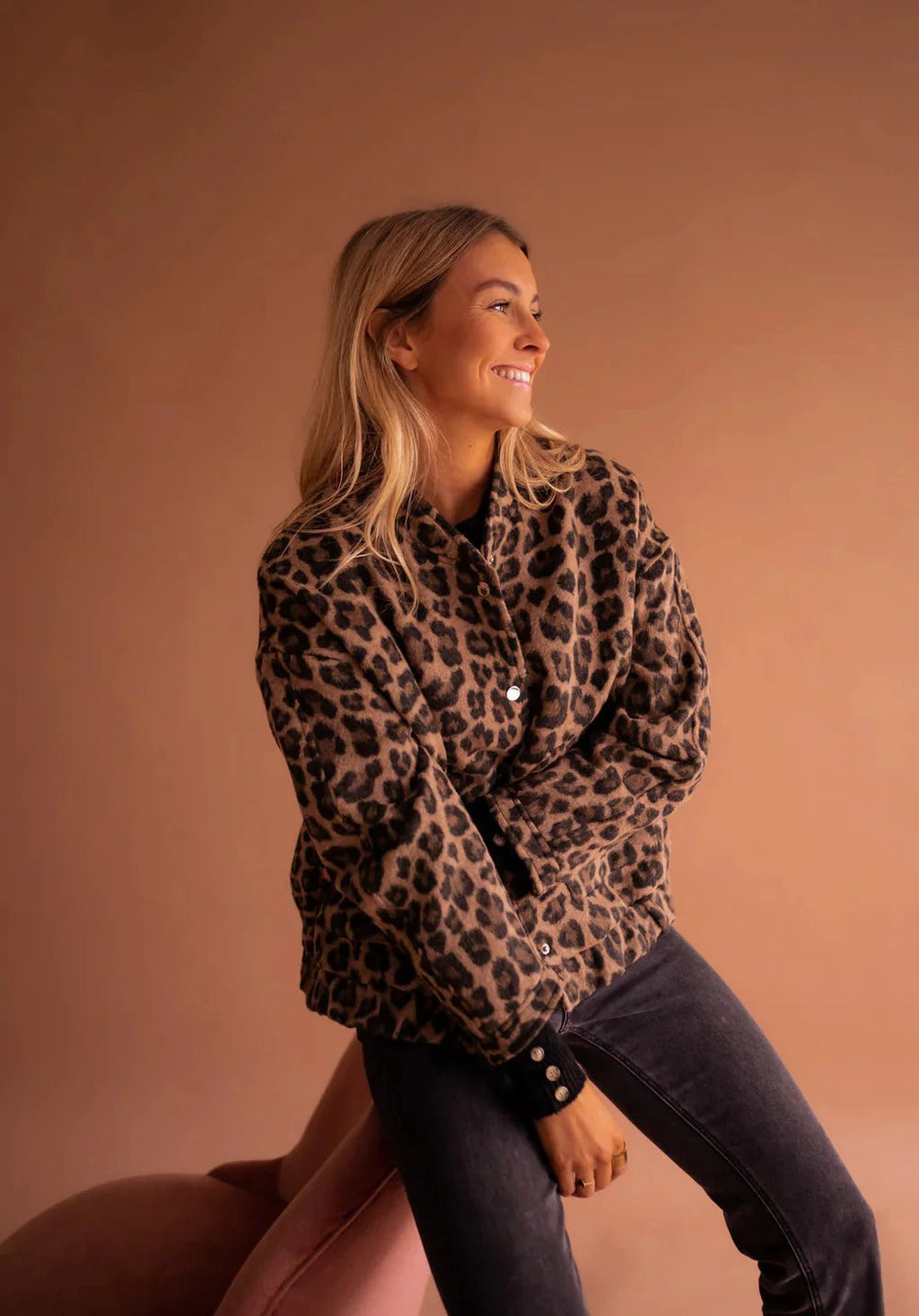 Leopard print snap-front bomber jacket - brown, back view