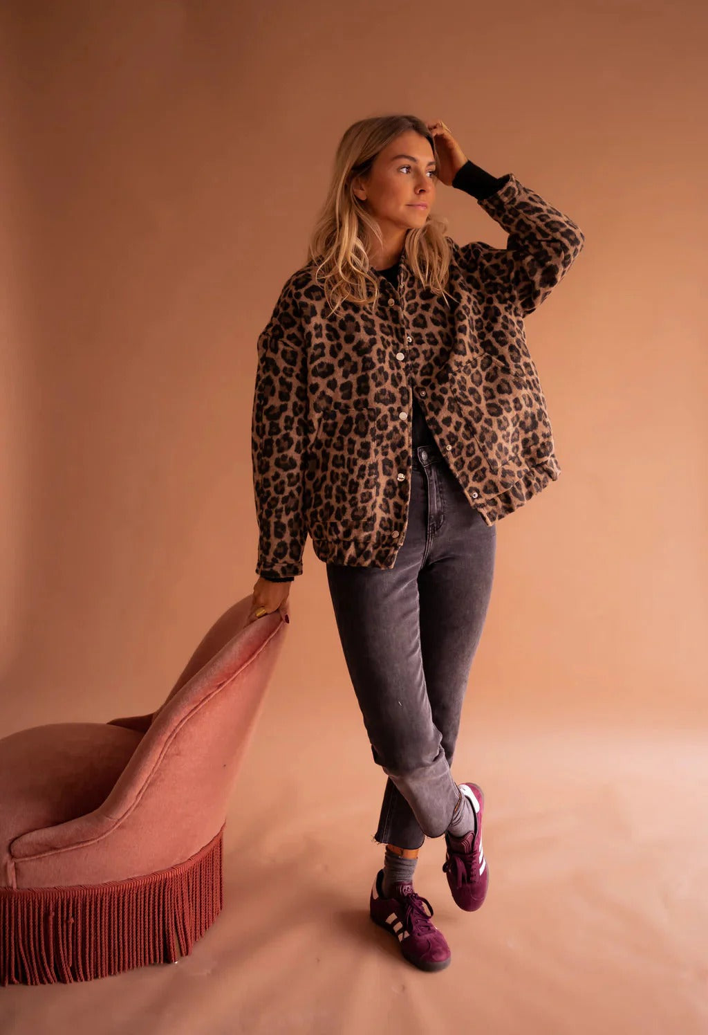 Leopard print snap-front bomber jacket - brown, styled view
