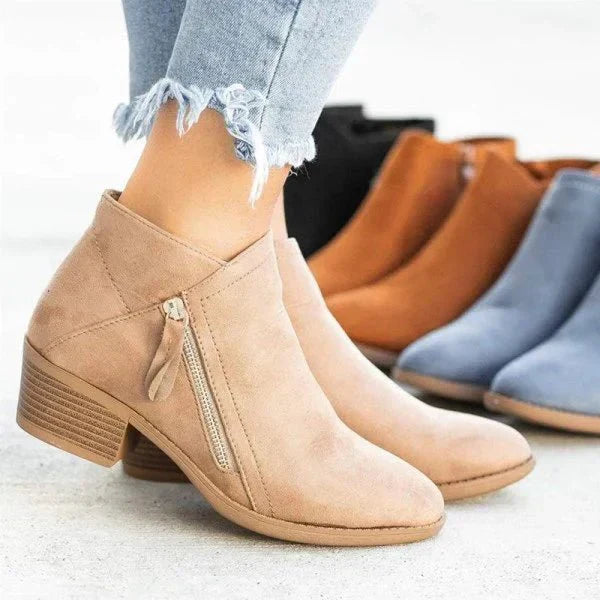 Suede side zip block heel casual ankle boot in beige