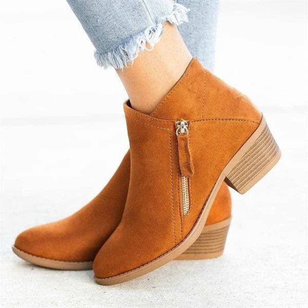Suede side zip block heel casual ankle boot in orange