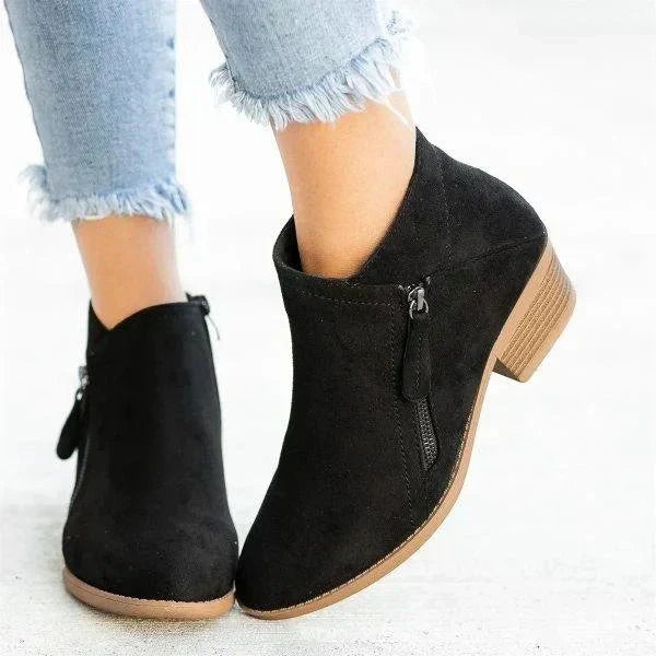 Suede side zip block heel casual ankle boot in black