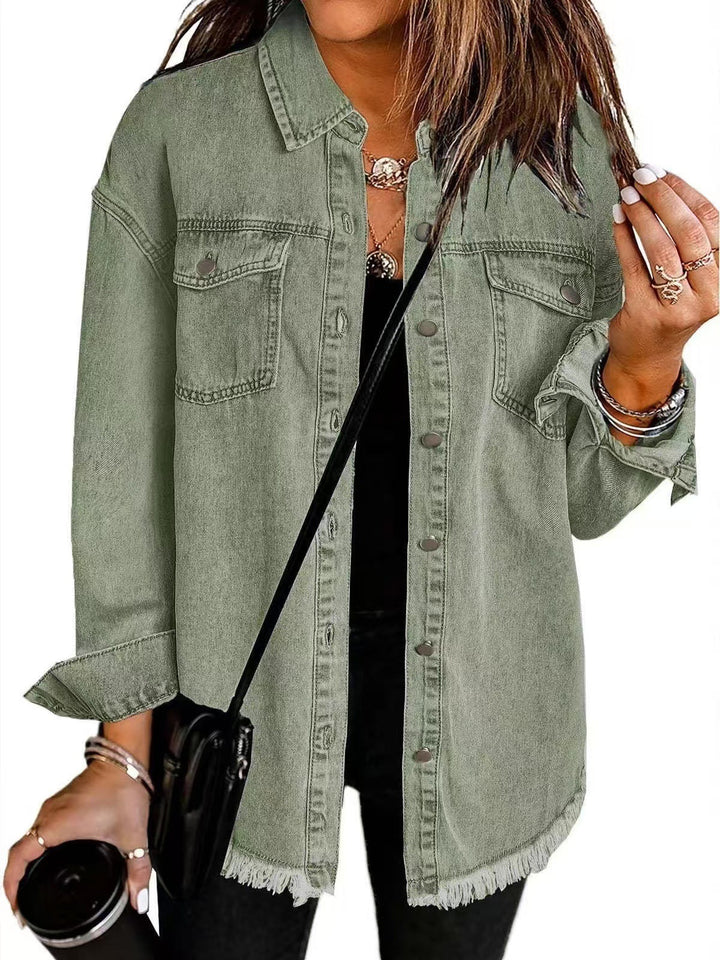 Longline frayed denim jacket - green