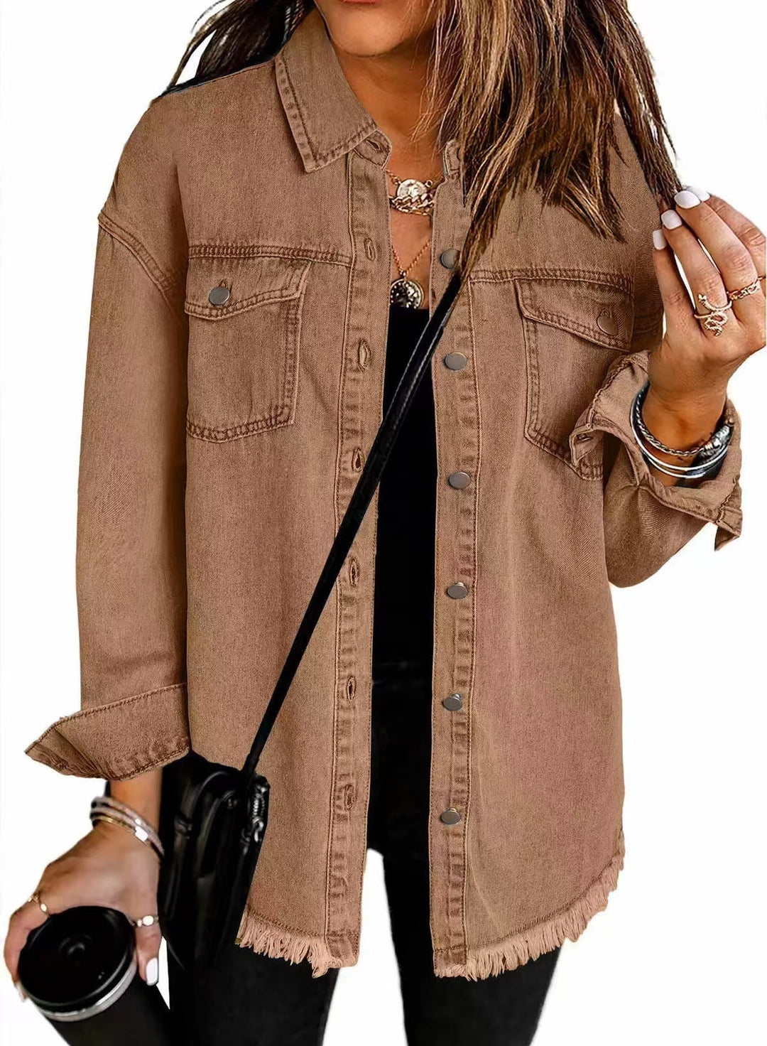 Longline frayed denim jacket - brown