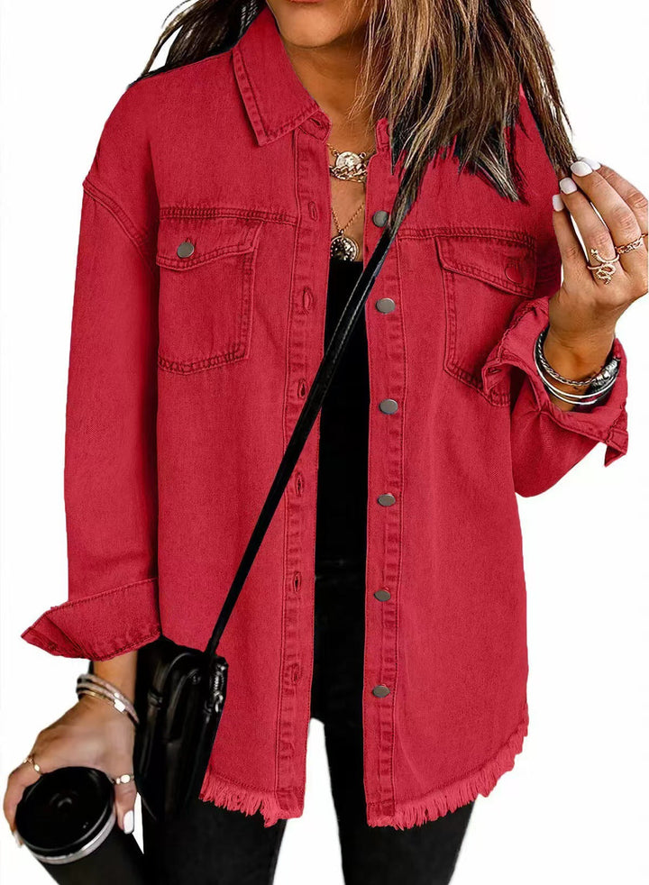 Longline frayed denim jacket - red
