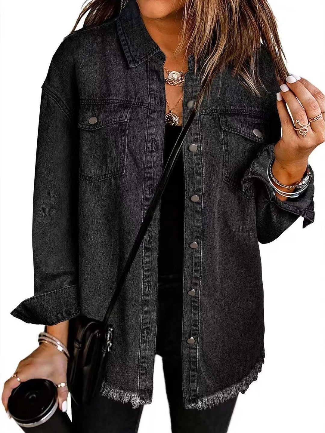 Longline frayed denim jacket - black