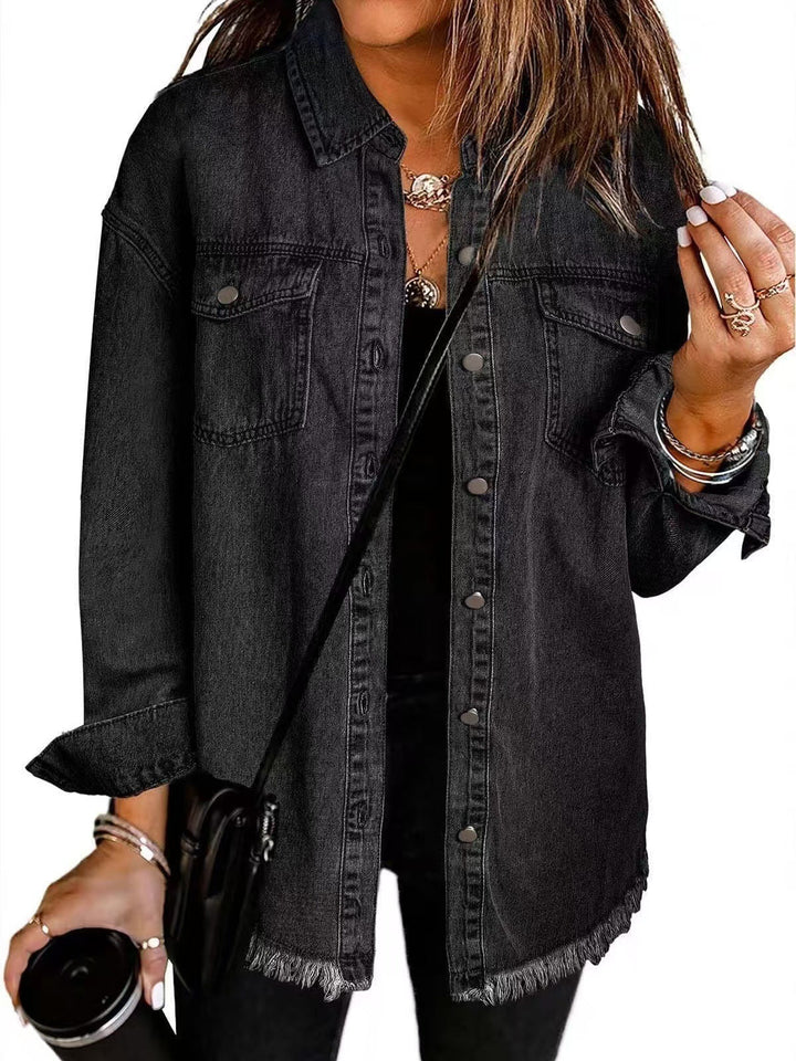 Longline frayed denim jacket - black