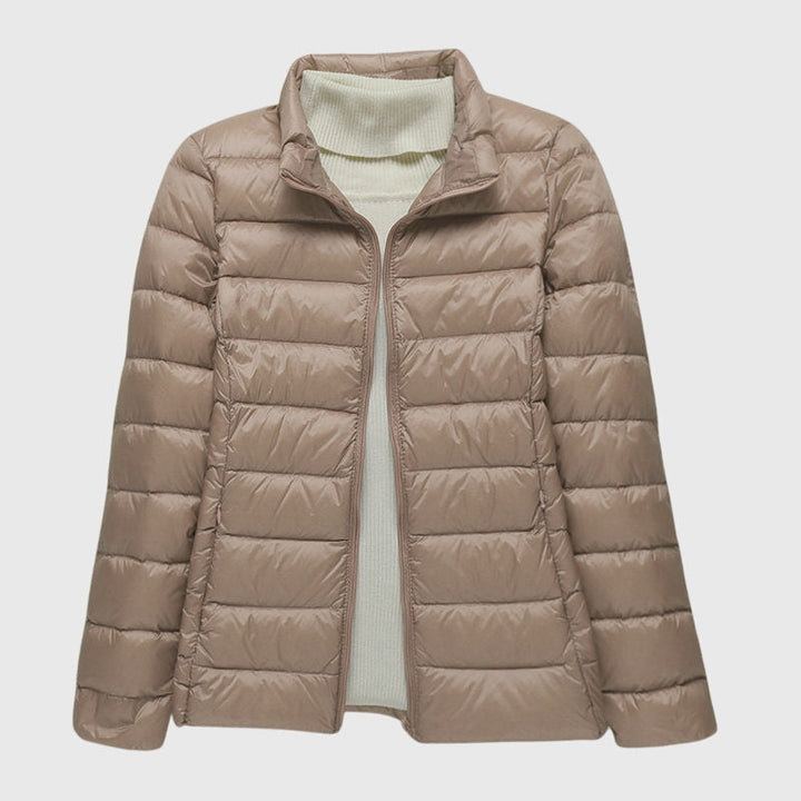 Women's Quilted Puffer Jacket - Khaki Stand Collar