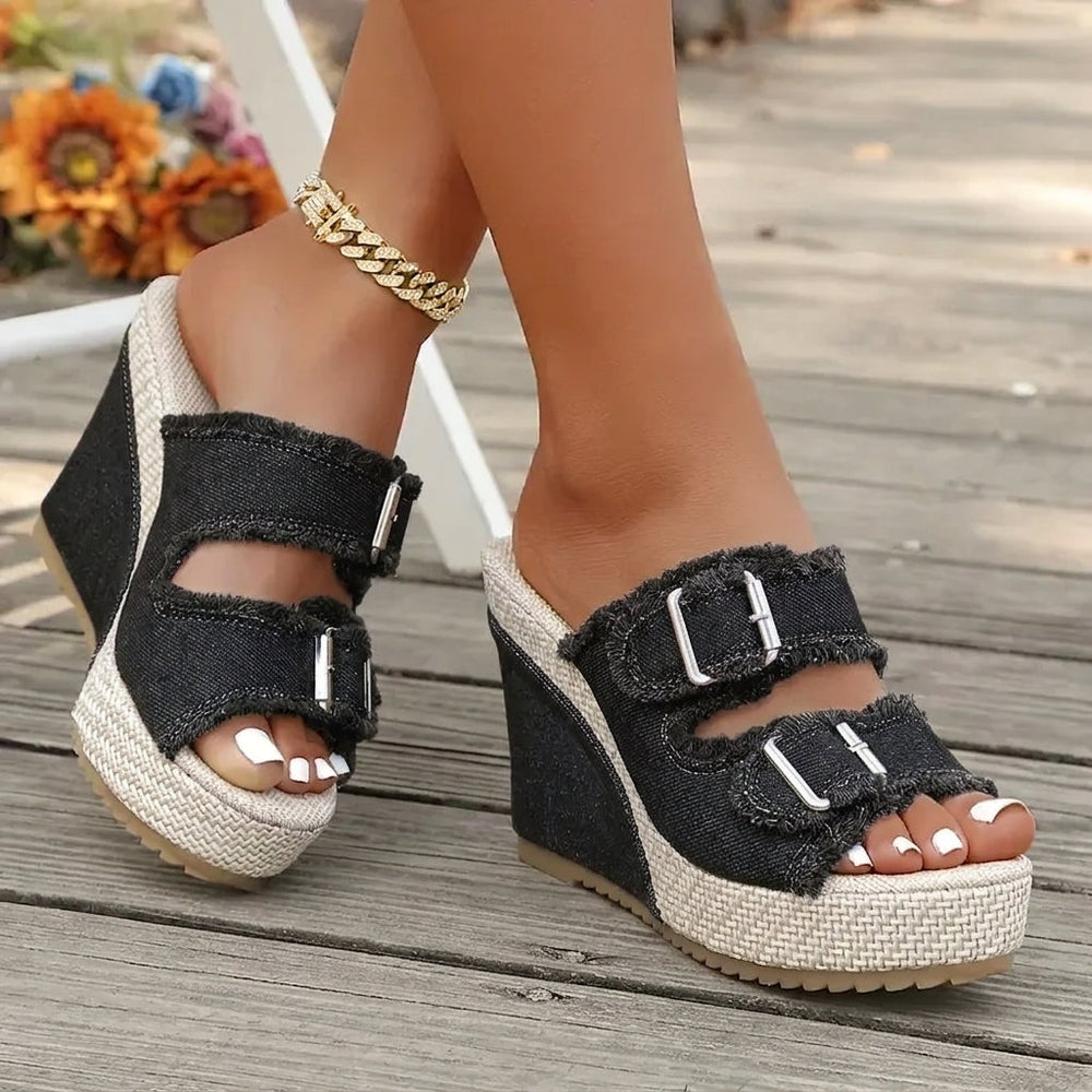 Women's espadrille wedge denim sandals in black