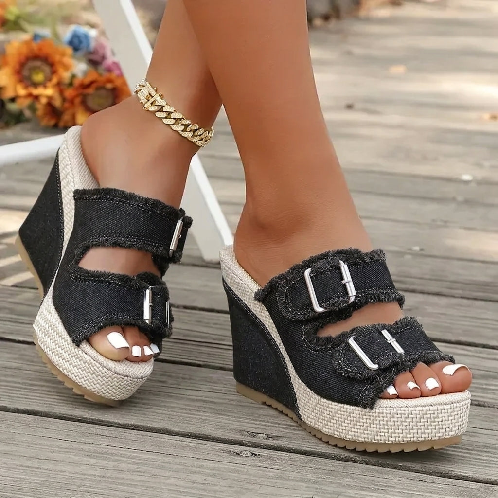 Women's espadrille wedge denim sandals in black