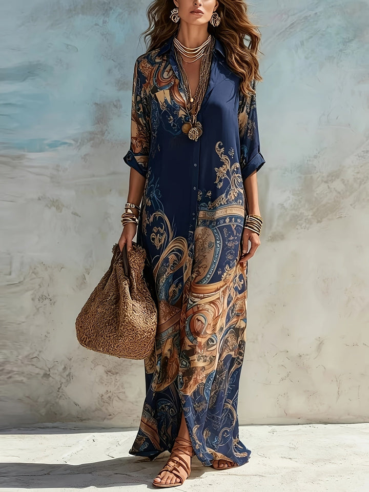 Floral Button-Front Maxi Dress - Dark Blue