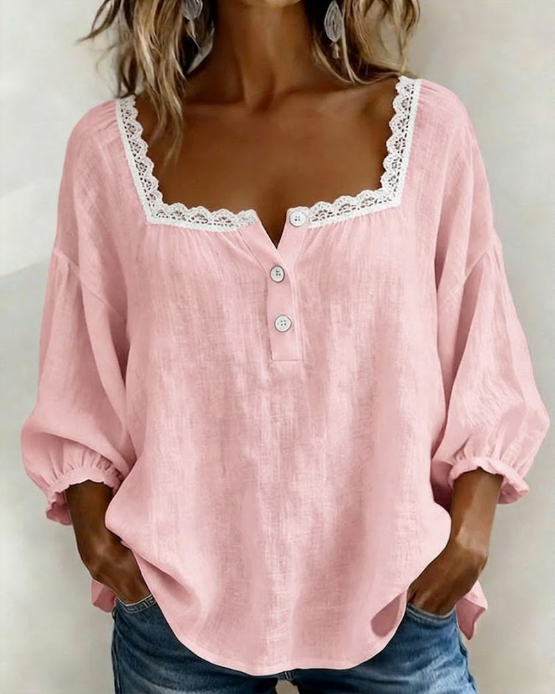 Women's square neck lace puff sleeve blouse in pink
