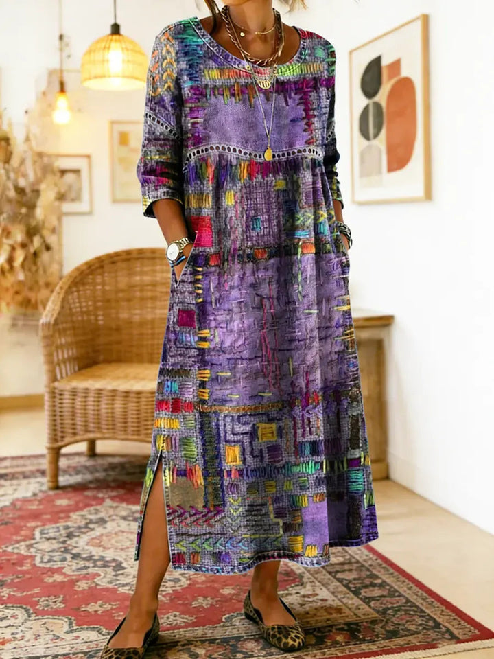Ethnic patchwork print dress in purple