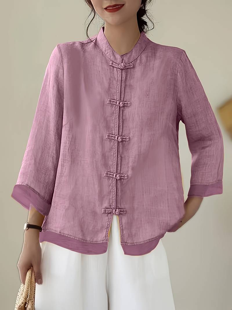 Mandarin Collar Frog Button Linen Blouse in pink