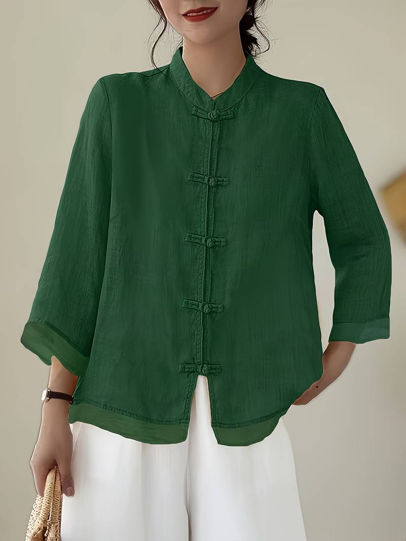 Mandarin Collar Frog Button Linen Blouse in green