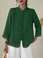 Mandarin Collar Frog Button Linen Blouse