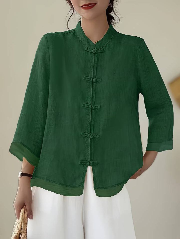 Mandarin Collar Frog Button Linen Blouse in green
