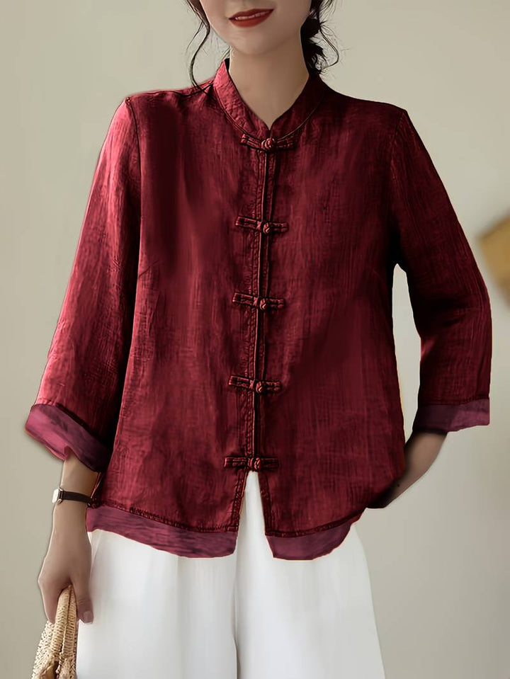 Mandarin Collar Frog Button Linen Blouse in red