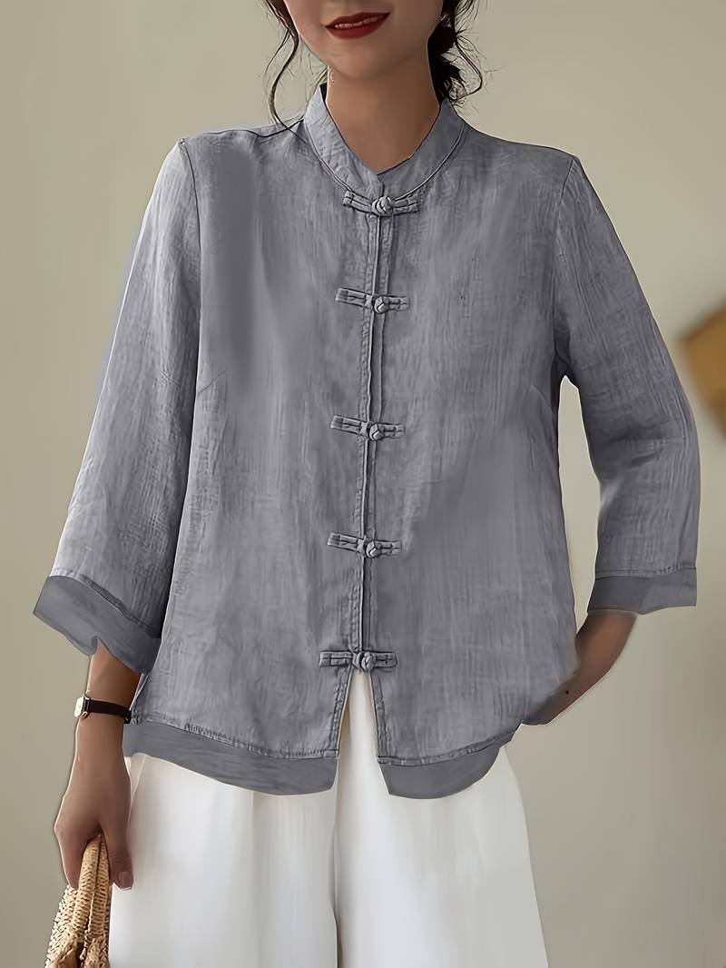 Mandarin Collar Frog Button Linen Blouse in grey