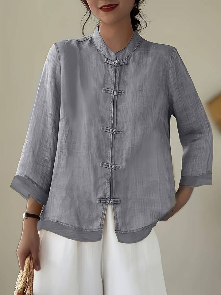 Mandarin Collar Frog Button Linen Blouse in grey