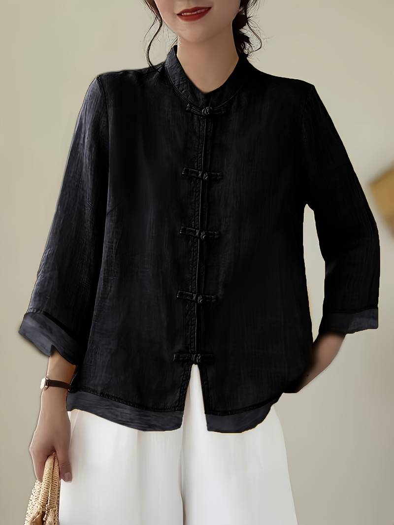 Mandarin Collar Frog Button Linen Blouse in black