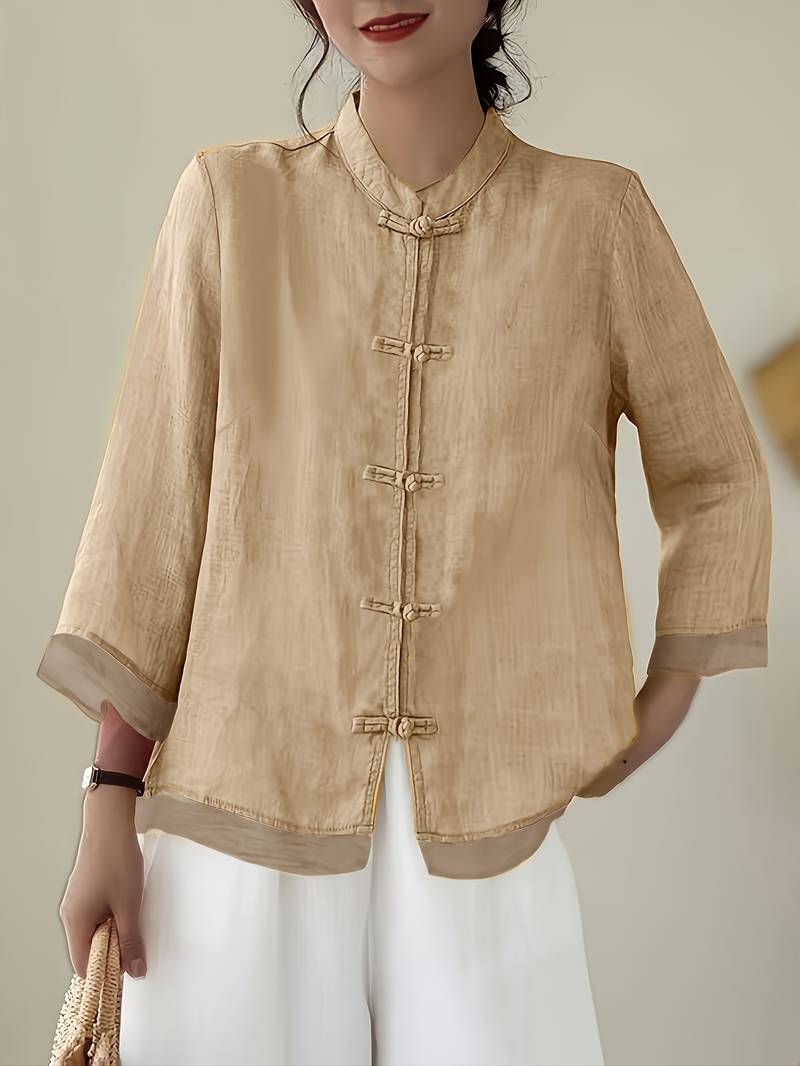 Mandarin Collar Frog Button Linen Blouse in khaki
