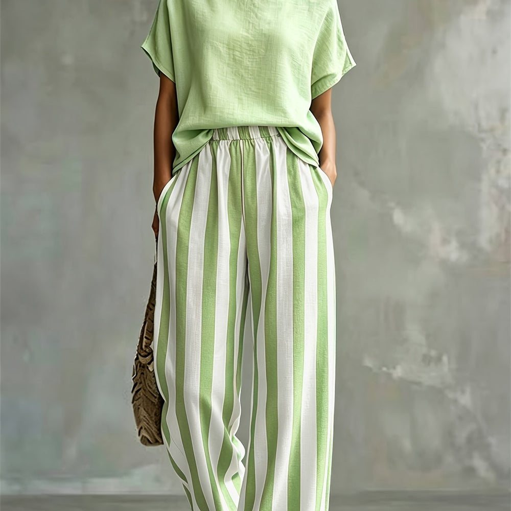 Striped Wide-Leg Two-Piece Set in Matcha