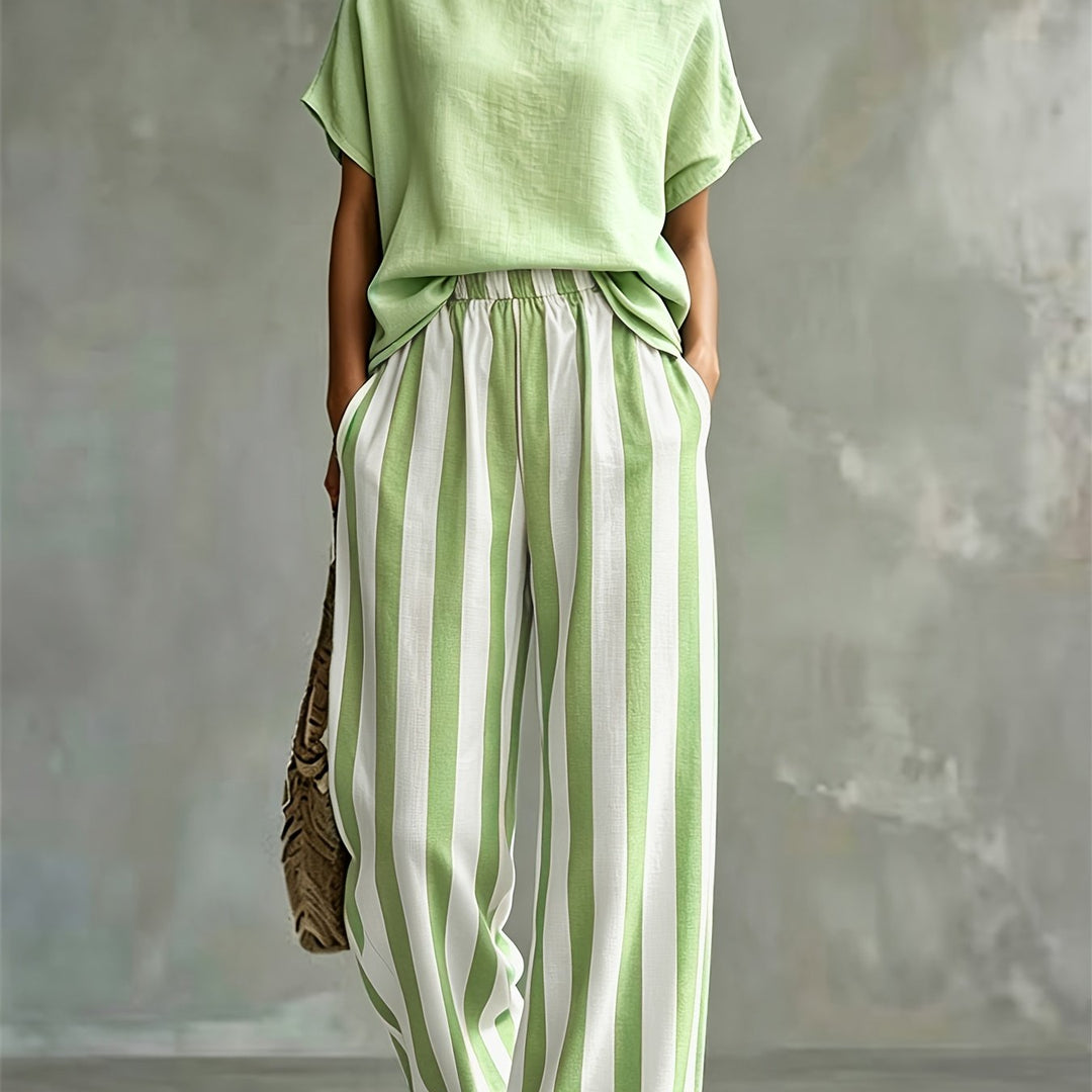 Striped Wide-Leg Two-Piece Set in Matcha