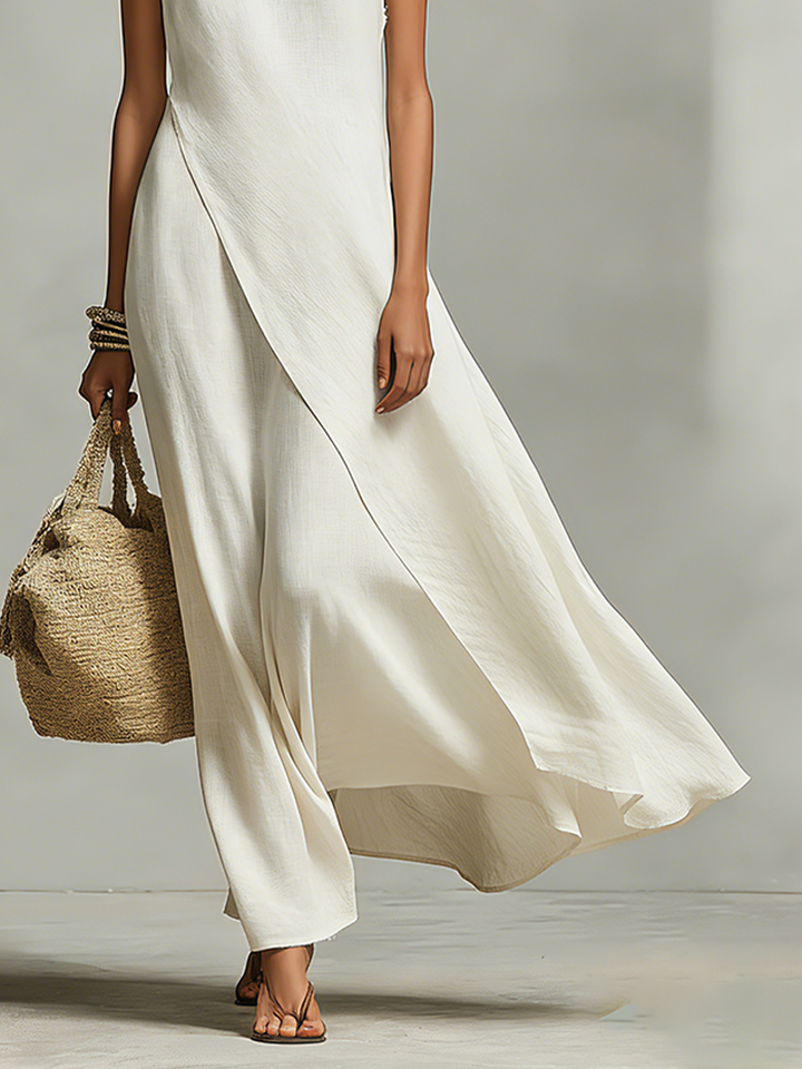 Women's asymmetric hem sleeveless linen maxi dress in ivory, back