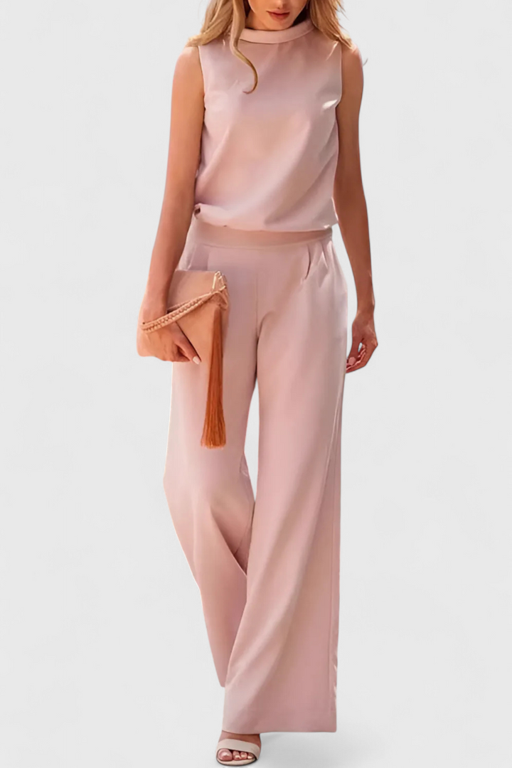 Women's round neck wide leg jumpsuit in apricot