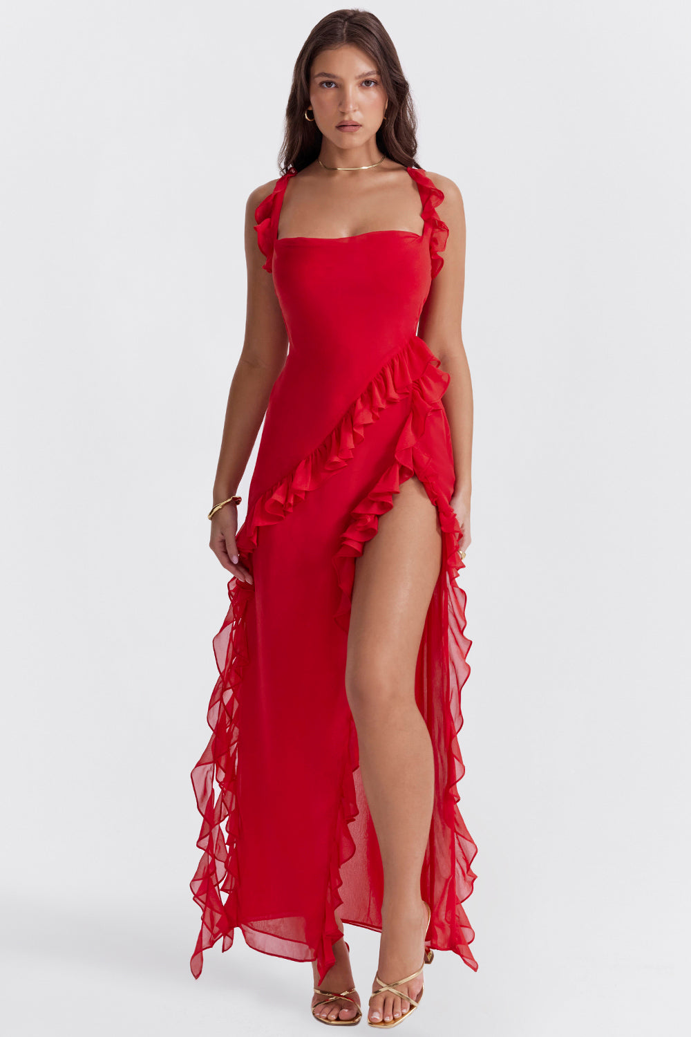 Twilight frill slip maxi dress in red
