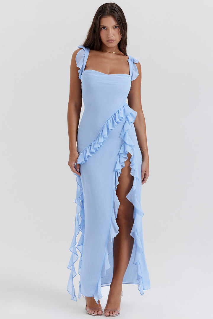 Twilight frill slip maxi dress in blue