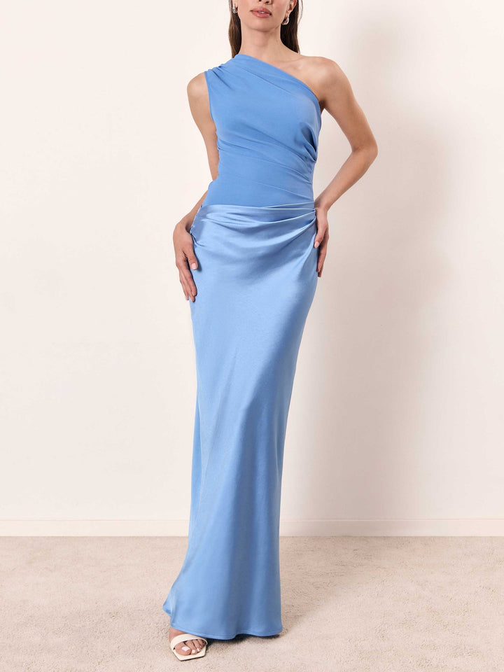 One-shoulder pleated party maxi dress in blue