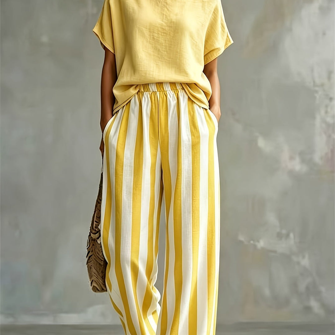 Striped Wide-Leg Two-Piece Set in Lemon Yellow