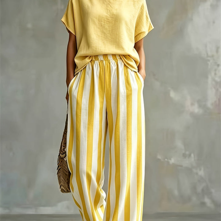 Striped Wide-Leg Two-Piece Set in Lemon Yellow