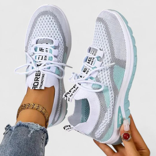 Colorblock mesh lace up cushioned running sneaker in turquoise