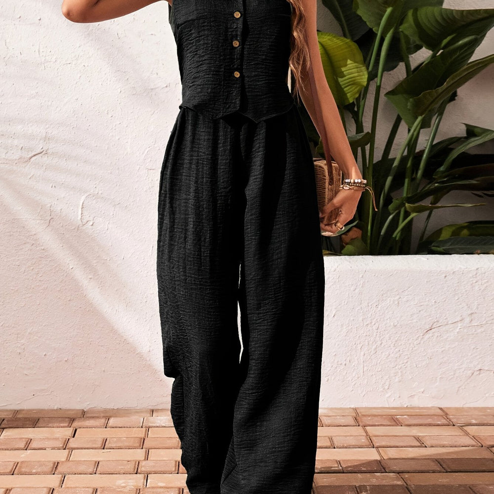 Sleeveless Linen Wide-Leg Two-Piece Set in Black