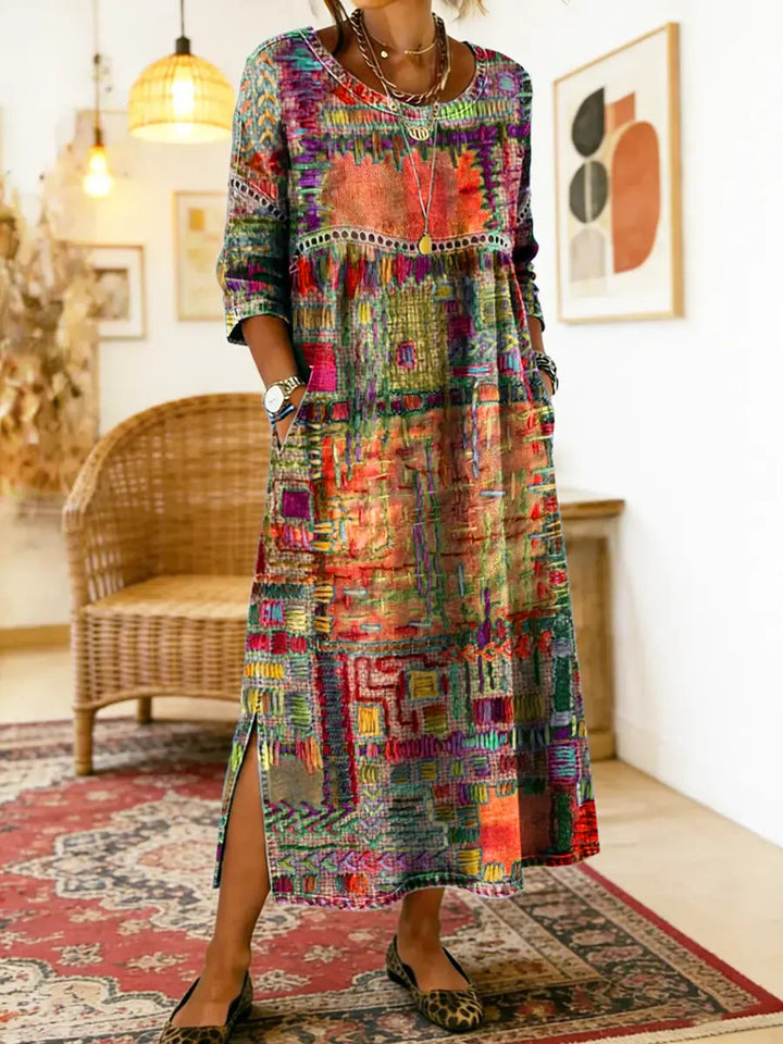 Ethnic patchwork print dress in orange