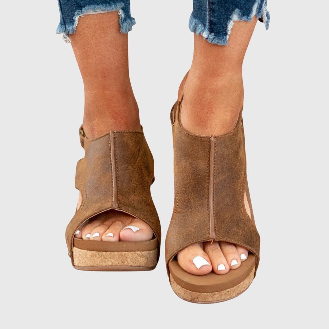 Orthopedic Buckle Wedge Sandals - Brown